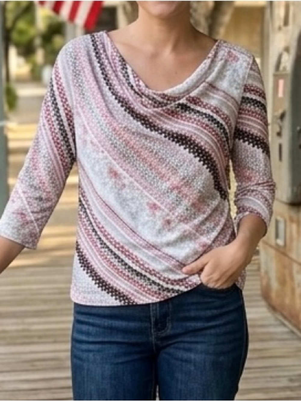 Hearts of Palm Patterned Cowl Neck Blouse M Sequin Red White Blue Patriotic 3/4